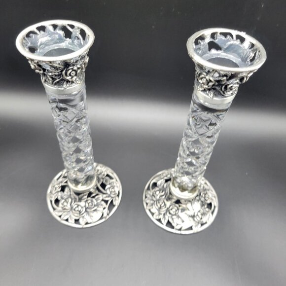 Crystal Clear Set of 2 Candlesticks Rose Design Candle Holders 8.5" - Picture 5 of 13